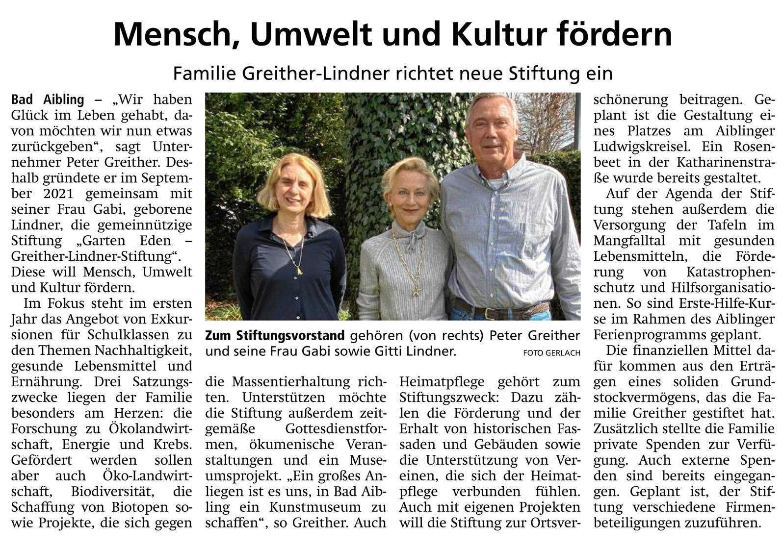 Stiftungsgr&uuml;ndung, Mangfall-Bote &uuml;ber Garten Eden, Greither-Lindner-Stiftung, Bad Aibling
